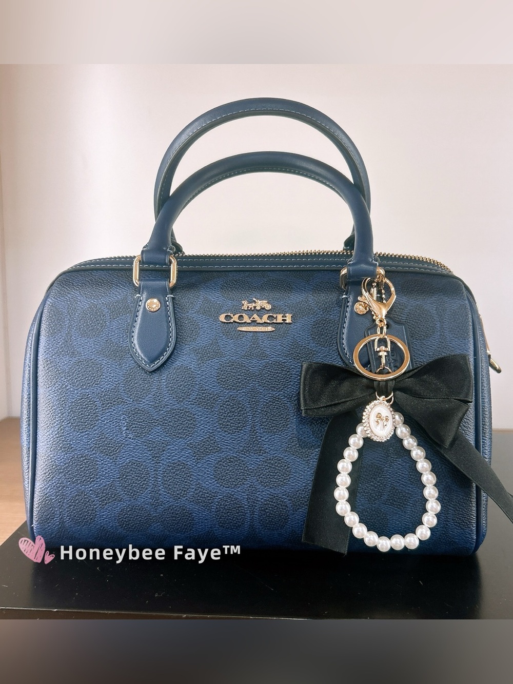 Coach mini Rowan cw329 Navy Blue Signature Satchel with Pearl Bow Charm Keyring
